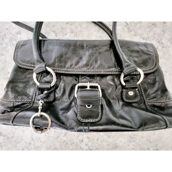 Giani Bernini Black Leather Bag Purse White Stitching‎ Silver Hardware Vintage - Picture 5 of 16